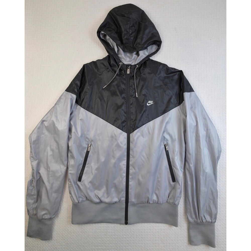 Nike Windrunner Jacket Mens L Grey Black Full Zip Hooded Windbreaker Excellent